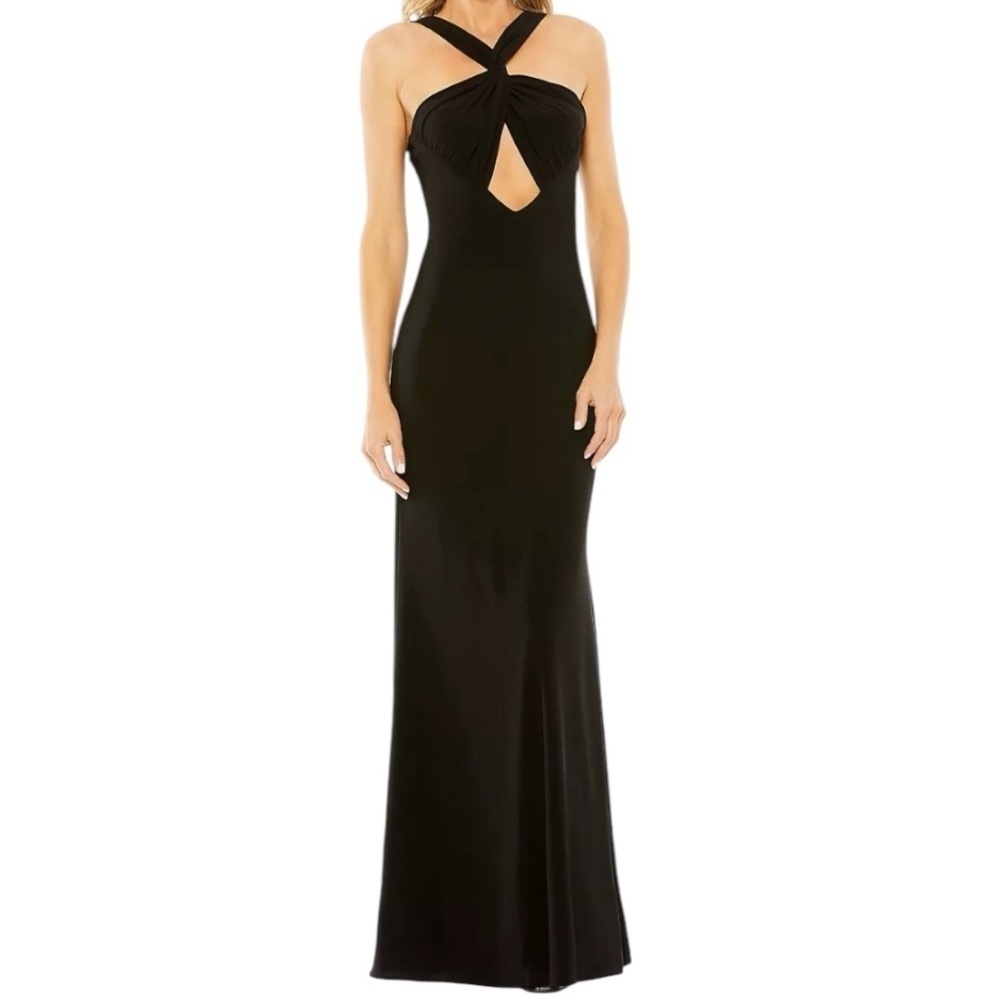 Leena for Mac Duggal Evening Gown Halter Maxi Dress in Black Size 8